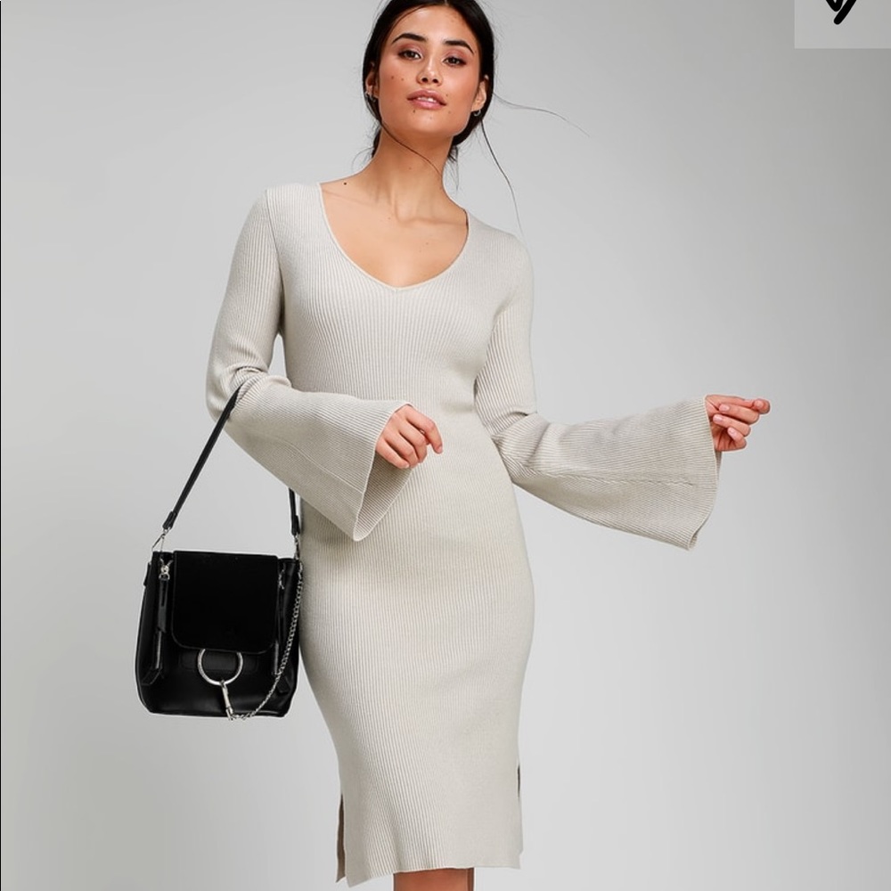JOURDAINE TAUPE BELL SLEEVE SWEATER DRESS